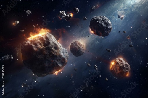 Illustration of asteroid field in space with meteors, realistic 5k science fiction art. Generative AI