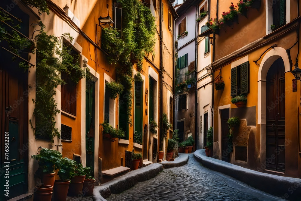 Cozy street in Trastevere, Rome, Europe. Trastevere is a romantic district of Rome, along the Tiber in Rome. Turistic attraction of Rome
