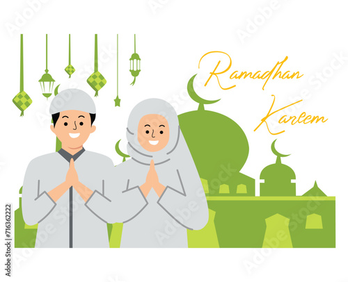 Muslim couple wishing you a happy Ramadan kareem or Eid al Fitr