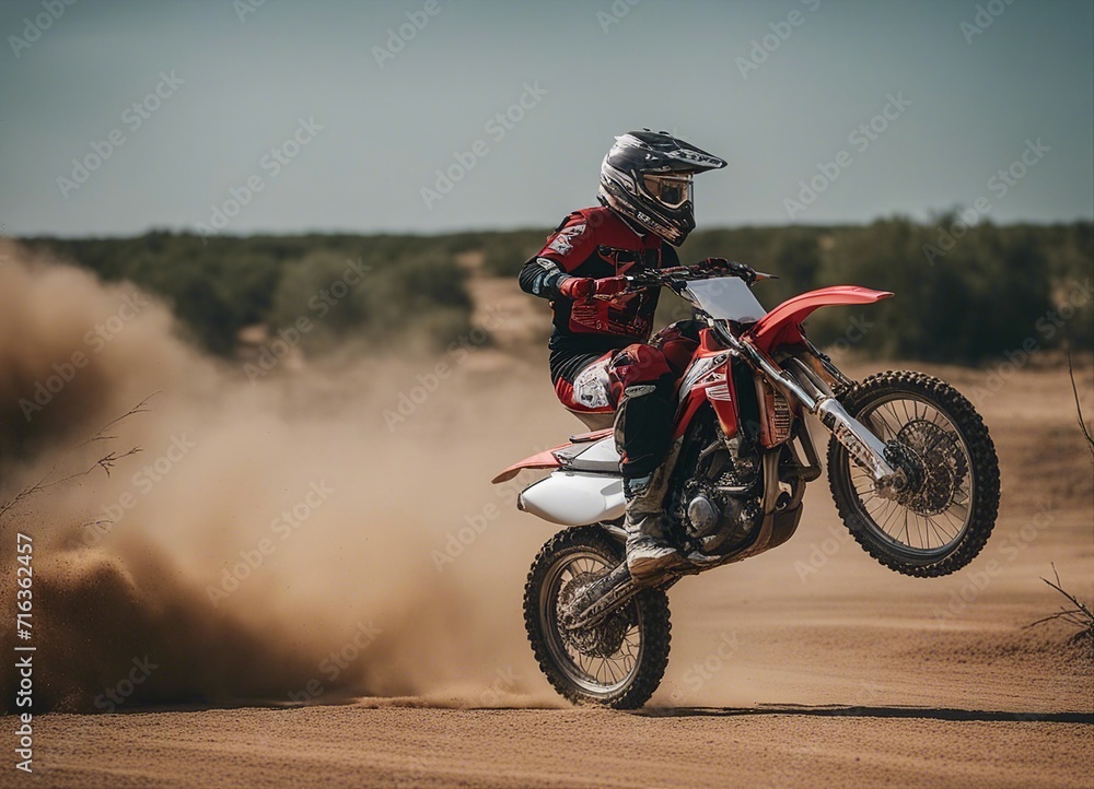 A person doing motocross on a dirt and dusty road. doing acrobatic stunts in the air
A person doing motocross on a dirt and dusty road. doing acrobatic stunts in the air