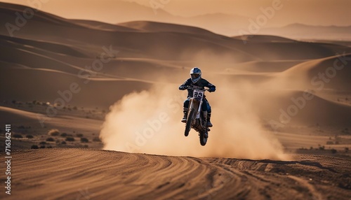 A person doing motocross on a dirt and dusty road. doing acrobatic stunts in the air 