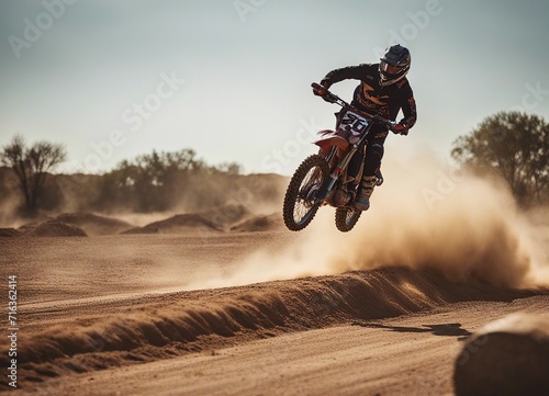 A person doing motocross on a dirt and dusty road. doing acrobatic stunts in the air 
