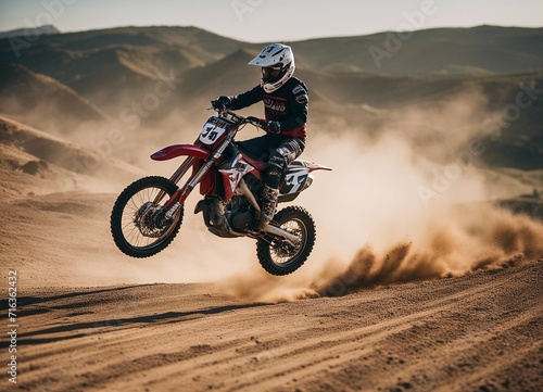 A person doing motocross on a dirt and dusty road. doing acrobatic stunts in the air  © abu
