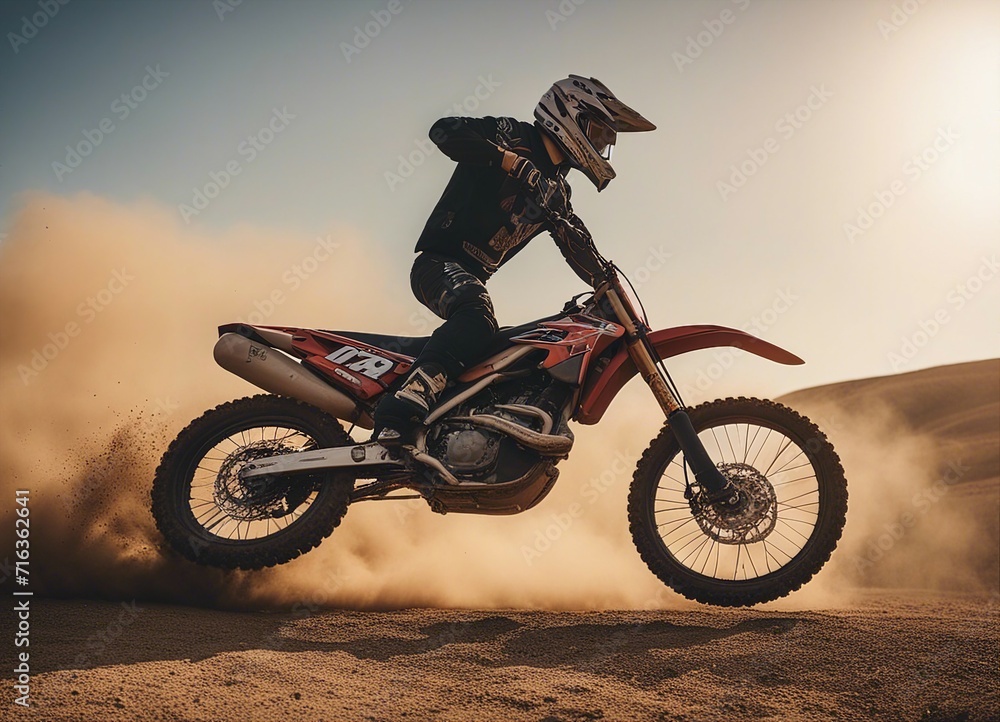 A person doing motocross on a dirt and dusty road. doing acrobatic stunts in the air
