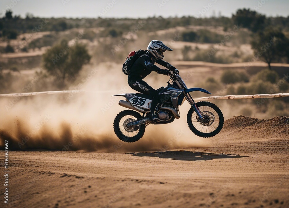 A person doing motocross on a dirt and dusty road. doing acrobatic stunts in the air
A person doing motocross on a dirt and dusty road. doing acrobatic stunts in the air
