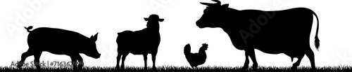 A farm animals scene with silhouettes of cows chicken, sheep and pig in a grass field scene landscape
