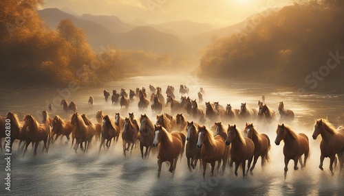 A wild herd of natural horses crossing the river, golden hour
 photo