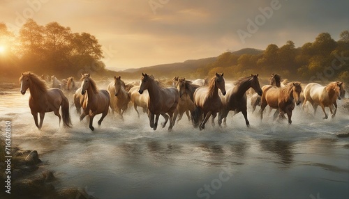 A wild herd of natural horses crossing the river, golden hour  © abu