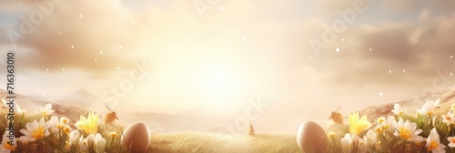 Easter Banner panoramic. Fantasy creative wallpaper landscape full of flowers and eggs. Beautiful sky and sunny rays. Card with copy space for text. Advertisement spring