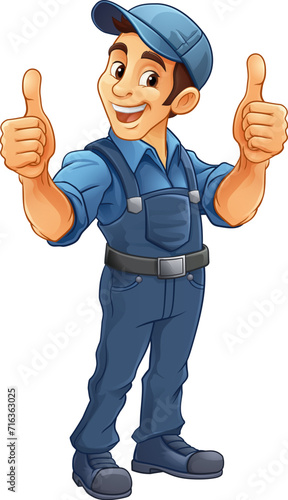 A painter, handyman, mechanic, plumber or other construction cartoon mascot man in overall dungarees. Giving a thumbs up.