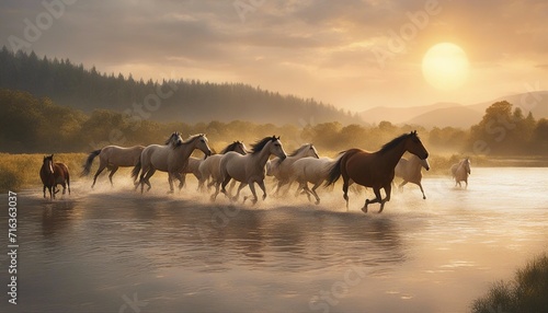 A wild herd of natural horses crossing the river  golden hour 