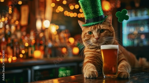 Red cat in top green hat with clover and beer in the irish pub