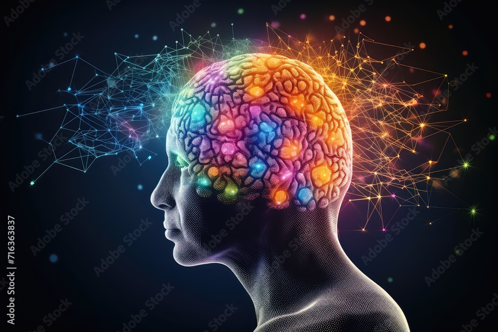 Obraz premium Neuronal network creativity, head surgery neurological infections. Dopaminergic pathways skill development. Neurites propagate action potentials, neuronal plasticity mechanisms facial features.