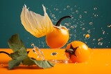 Fresh cape gooseberries flying with water splashes on bright color background