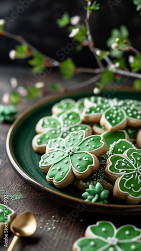 Clover shaped cookies with green decorations. Vertical banner with copy space