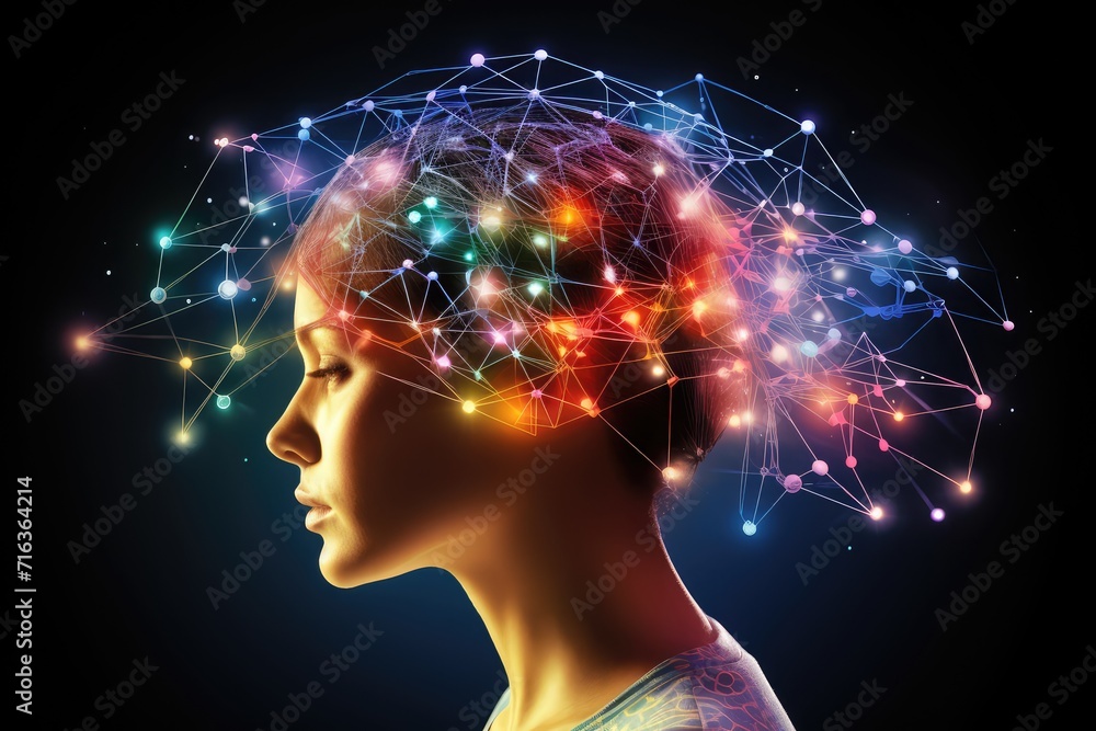 Obraz premium Neuronal network creativity, head surgery neurological infections. Dopaminergic pathways skill development. Neurites propagate action potentials, neuronal plasticity mechanisms facial features.