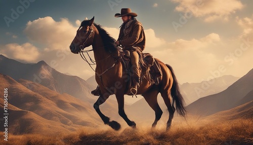 Cowboy on horseback with mountain background digital oil painting