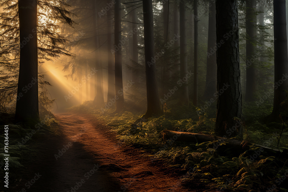 Obraz premium A tranquil forest pathway in magis sunset.