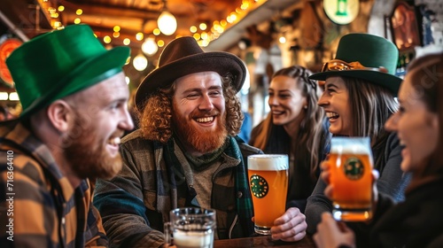 Group of friends wearing green top hat hanging out with beer during St Patrick day in the irish pub