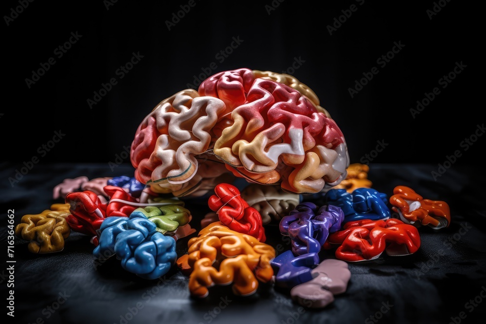 Colorful brain explosion creativity and neural connections. Receptor specificity insight aging process. Self improvement neurochemical pathways, flashes of inspiration. Neural synchronization decoding