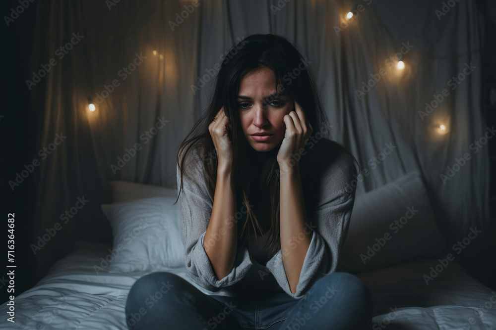 Anxious depressed woman sitting on bed Anxious depressed woman sitting on bed