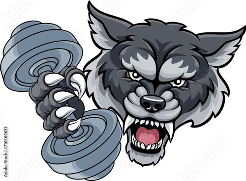 A wolf or werewolf dog weight lifting gym animal sports mascot holding a dumbbell weight in his claw