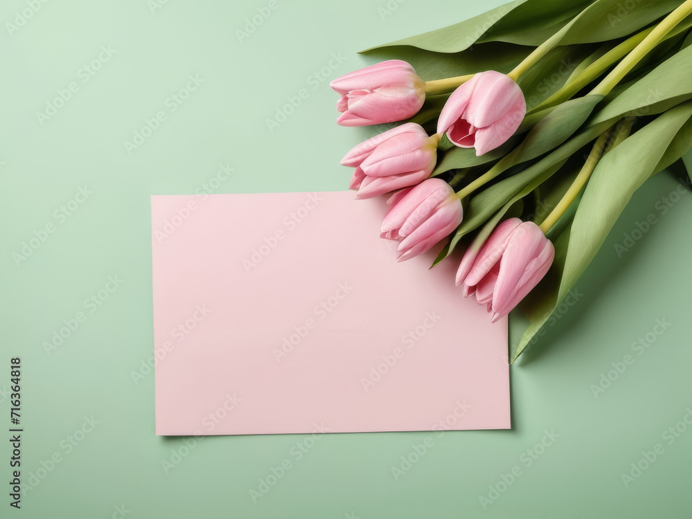 Beautiful pink tulips in craft paper on green pastel background with copy space, spring time, mother's day. Beautiful pink tulips in craft paper on green pastel background with copy space, spring time, mother's day.