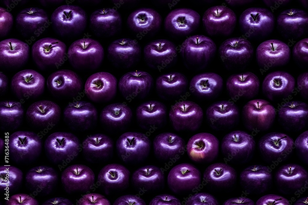 An engaging pattern of ripe, purple apples fills the frame, displaying a uniform and nearly hypnotic array that captivates the viewer's attention. The deep purple hues contrast against the dark An engaging pattern of ripe, purple apples fills the frame, displaying a uniform and nearly hypnotic array that captivates the viewer's attention. The deep purple hues contrast against the dark