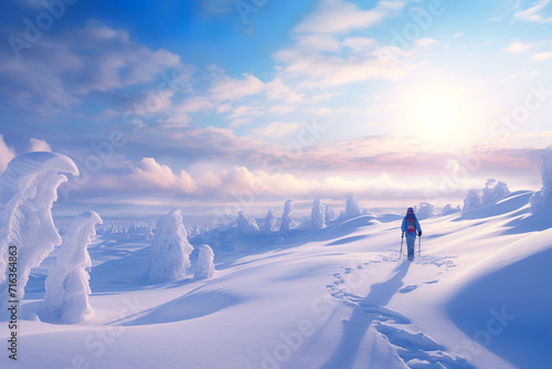 Boy skiing in beautiful winter landscape.