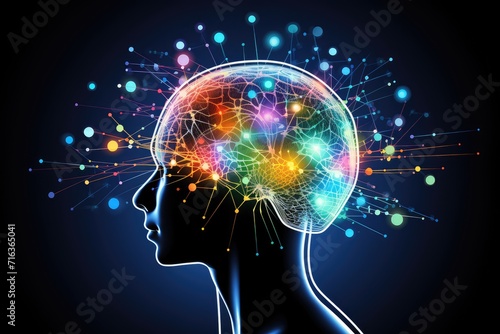 Colorful brain explosion creativity and neural connections. Receptor specificity insight aging process. Self improvement neurochemical pathways, flashes of inspiration. Neural synchronization decoding © Leo