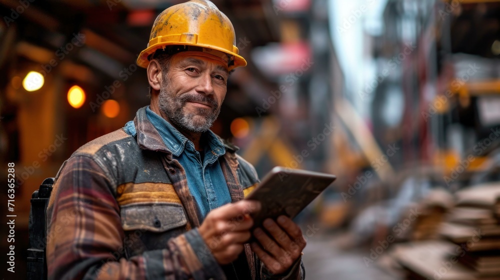 A man in a hard hat and helmet holding a tablet. Generative AI. A man in a hard hat and helmet holding a tablet. Generative AI.