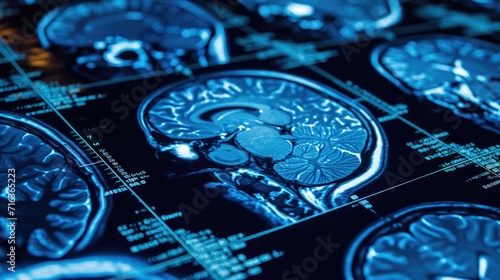 Mri brain scan image with blue background. Generative AI.