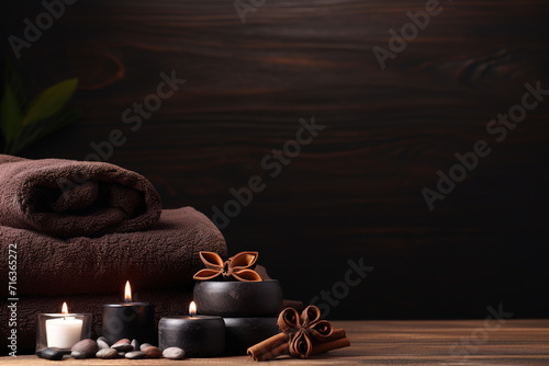 Dark brown Spa background, wellness, skincare, massage foot therapy, therapist massage background, aromatherapy massage, thai, Asian, facial, pedicure, medicure, relax spa, towels, Spa stones photo