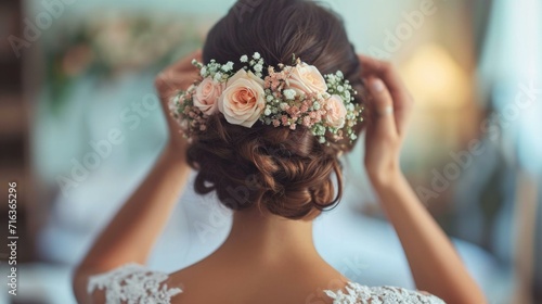 A woman in a wedding dress with flowers in her hair. Generative AI.