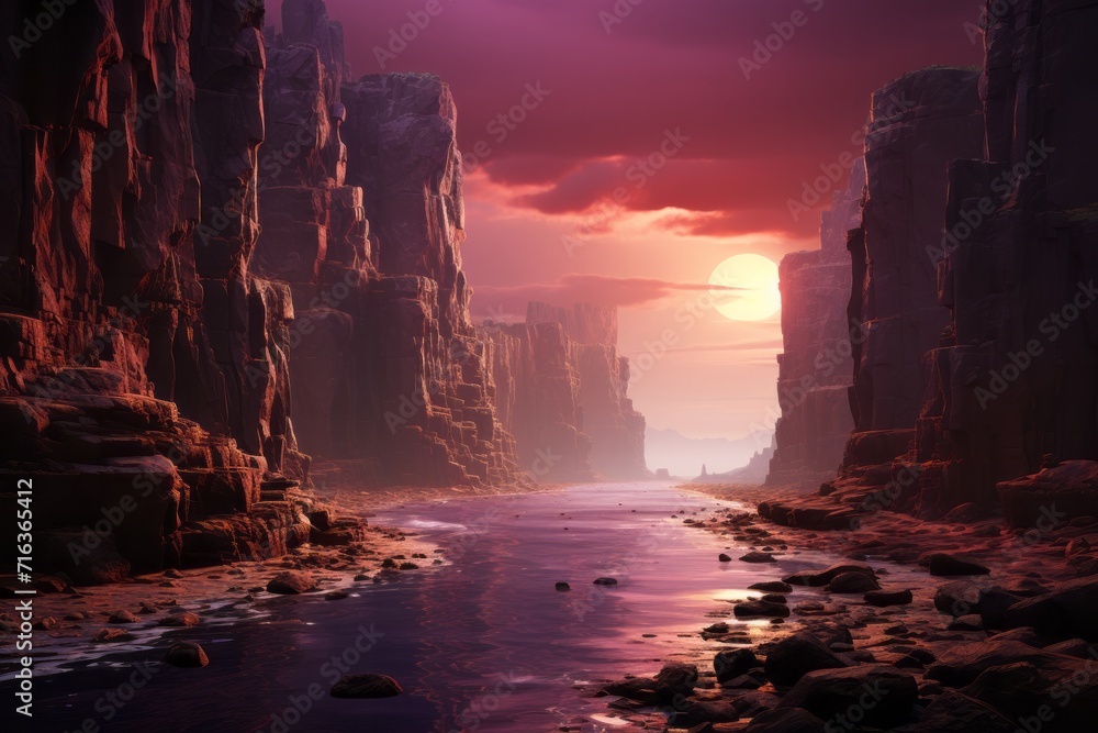 Towering Cliffs with Dramatic Sunlight, on an isolated Plum Purple background, Generative AI