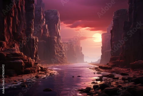 Towering Cliffs with Dramatic Sunlight, on an isolated Plum Purple background, Generative AI