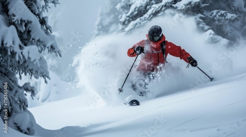 Man skiing in deep powder snow, Krippenstein, Gmunden, Austria 