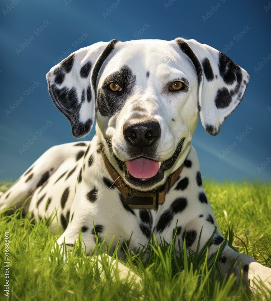 A dalmatian dog is laying on the grass. Generative AI.