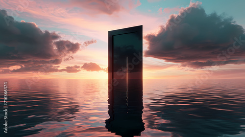 3D Surrealism with Black Door at Sunset