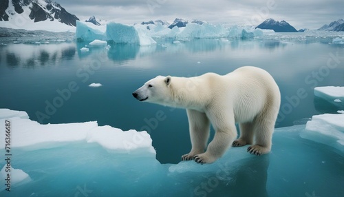 aerial view of polar bear on iceberg alone with mountain, glacier and ocean; global warming 