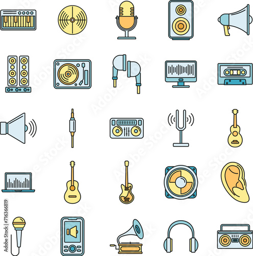 Acoustics audio icons set. Outline set of acoustics audio vector icons thin line color flat on white