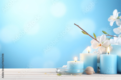 Light blue Spa background, wellness, skincare, massage foot therapy, therapist massage background, aromatherapy massage, thai, Asian, facial, pedicure, medicure, relax spa, towels, Spa stones
