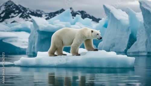 aerial view of polar bear on iceberg alone with mountain  glacier and ocean  global warming 
