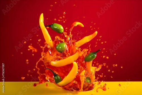 Fresh chilli pepper flying with water splashes on bright color background