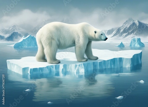 aerial view of polar bear on iceberg alone with mountain  glacier and ocean  global warming. dijital art style. 