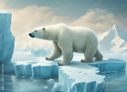 aerial view of polar bear on iceberg alone with mountain  glacier and ocean  global warming. dijital art style. 