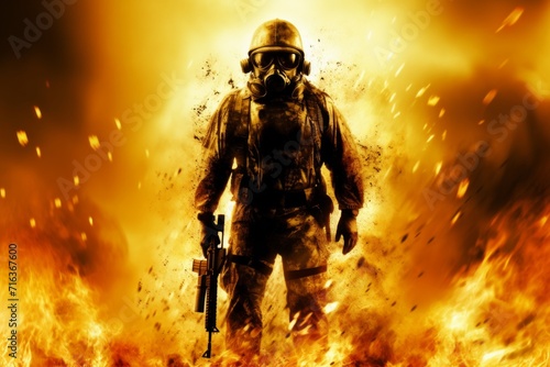A dramatic depiction of a soldier decked out in full combat gear and a gas mask, stepping forward with determination amidst a blazing inferno. The intense fiery background and shower of embers create