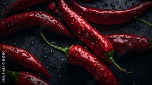 Fresh chilli peppers with water splashes and drops on black background