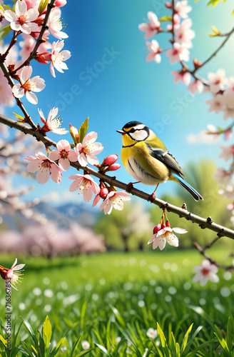 spring, sunny day, cherry blossom branch, bird sitting on a blossoming branch