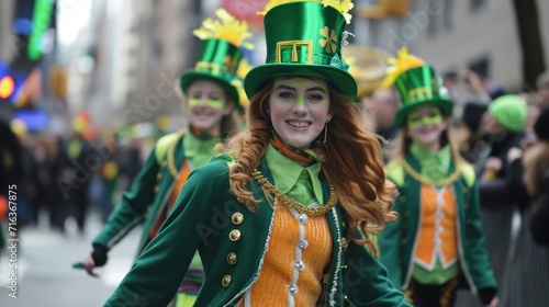 Young woman in the Leprechaun costume participating the parade on St Patrick day